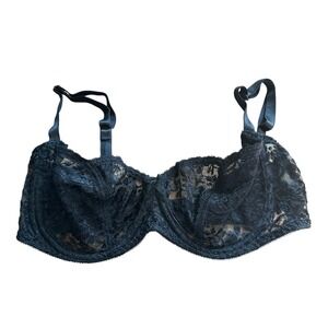 Black Lace Full‎ Coverage Underwire Bra 34D Sheer Cups Bow Detail